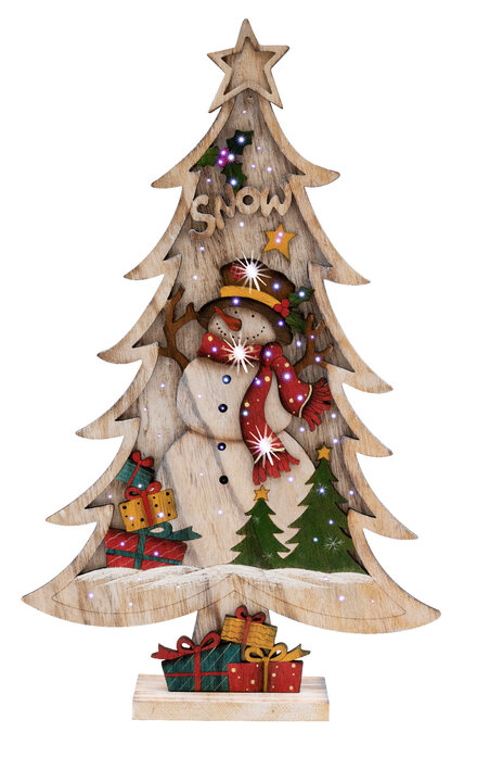 KAD 38 LED drevena dekorácia stromček-snehuliak, na baterky, teplá biela, IP20