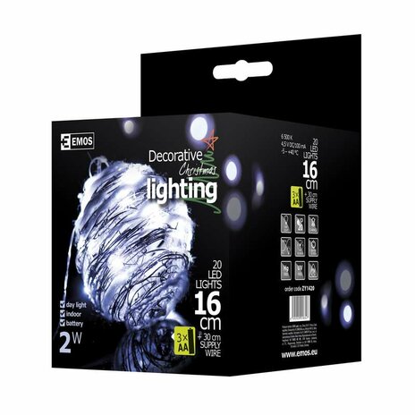 Vianočná dekorácia guľa 20LED, 16x16cm+0,3m, 2W, IP20, studená biela